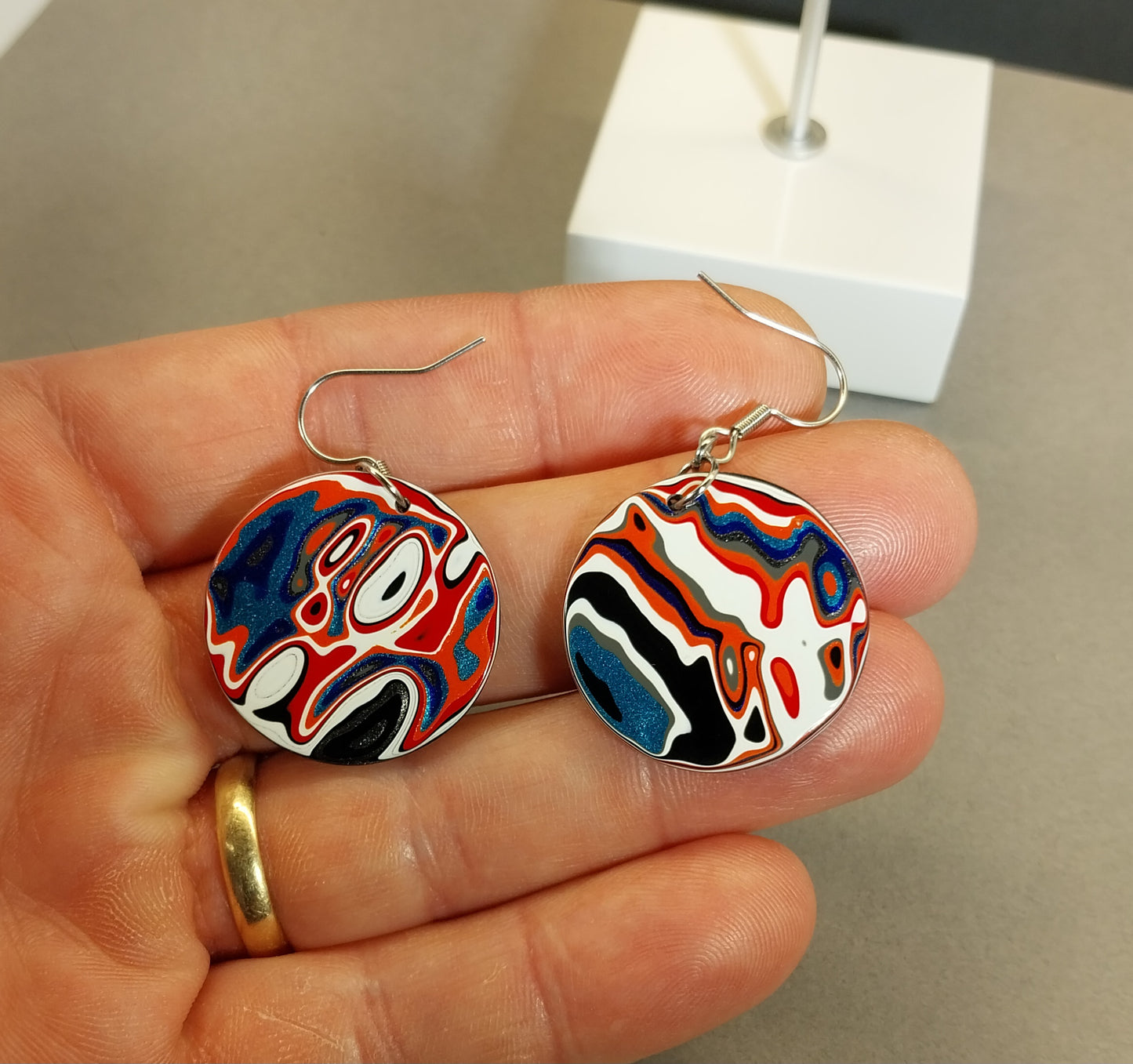 Large Round Fordite Earrings Surgical Steel Ear Wires, EB32