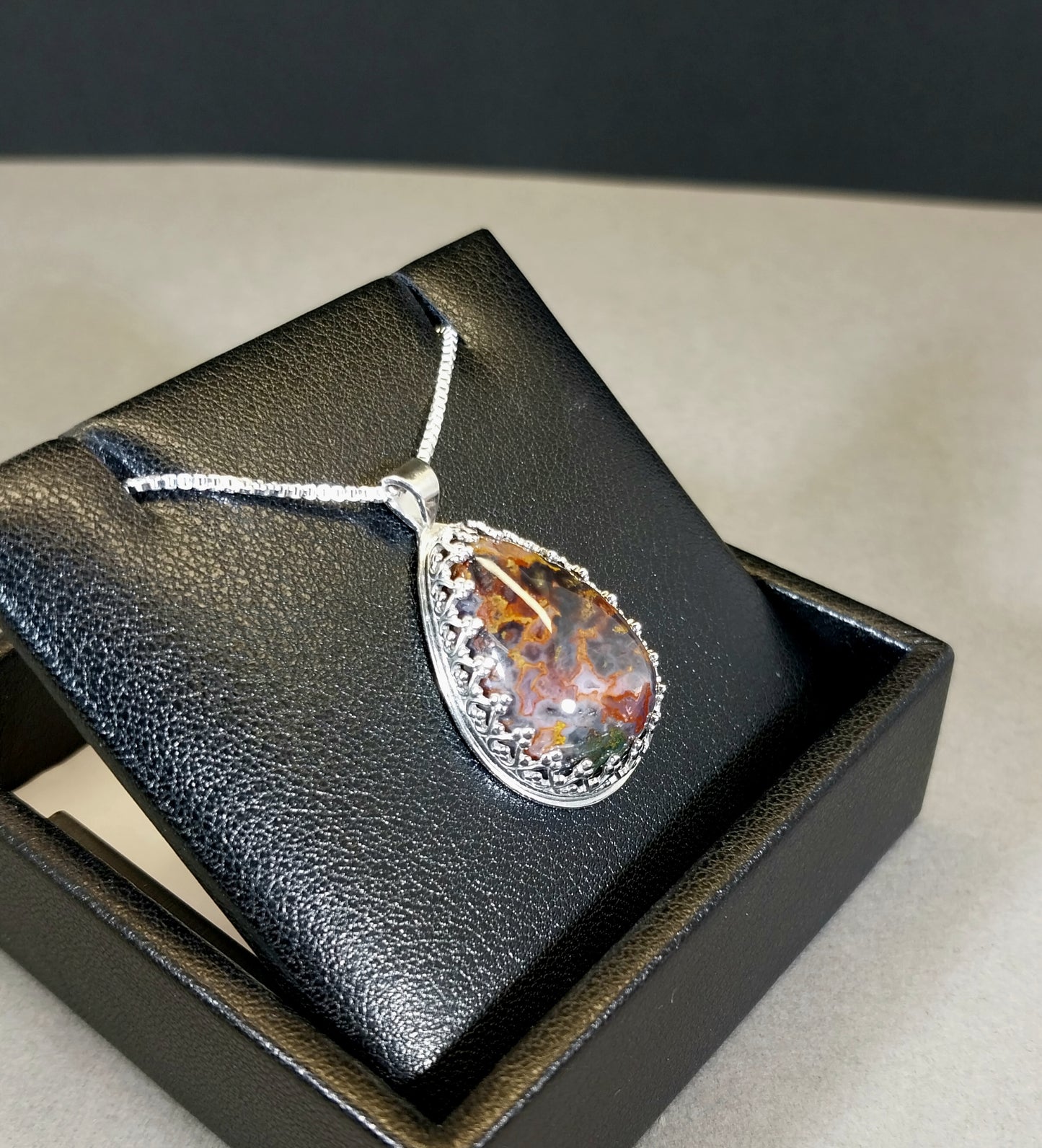 Agate Necklace in Solid Silver Extraordinary Multicolor Cathedral Agate