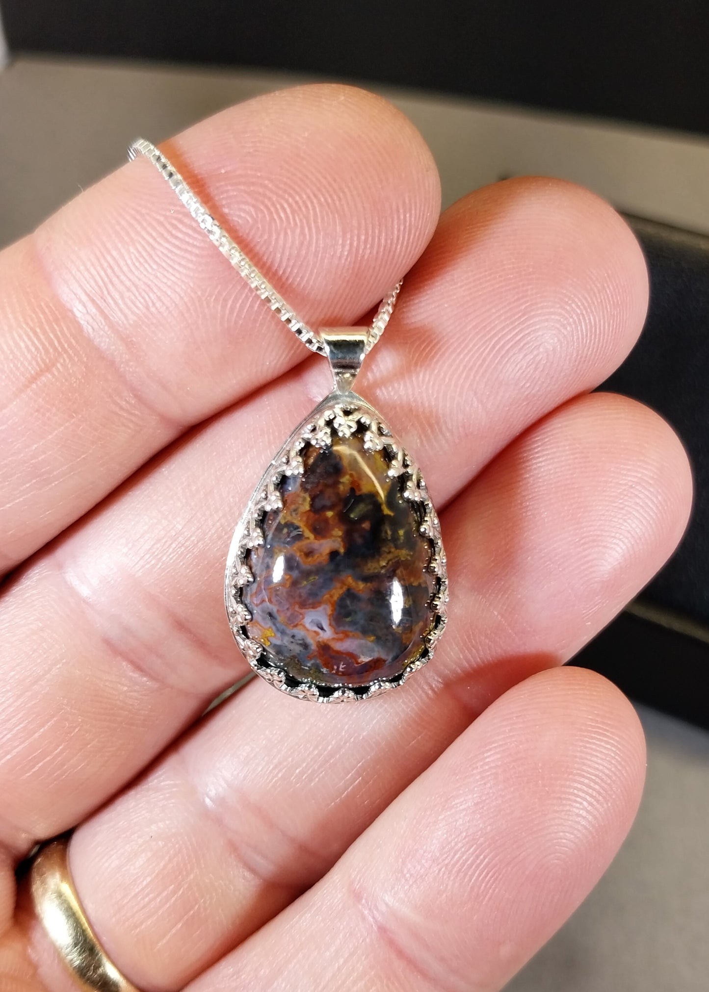 Agate Necklace in Solid Silver Extraordinary Multicolor Cathedral Agate