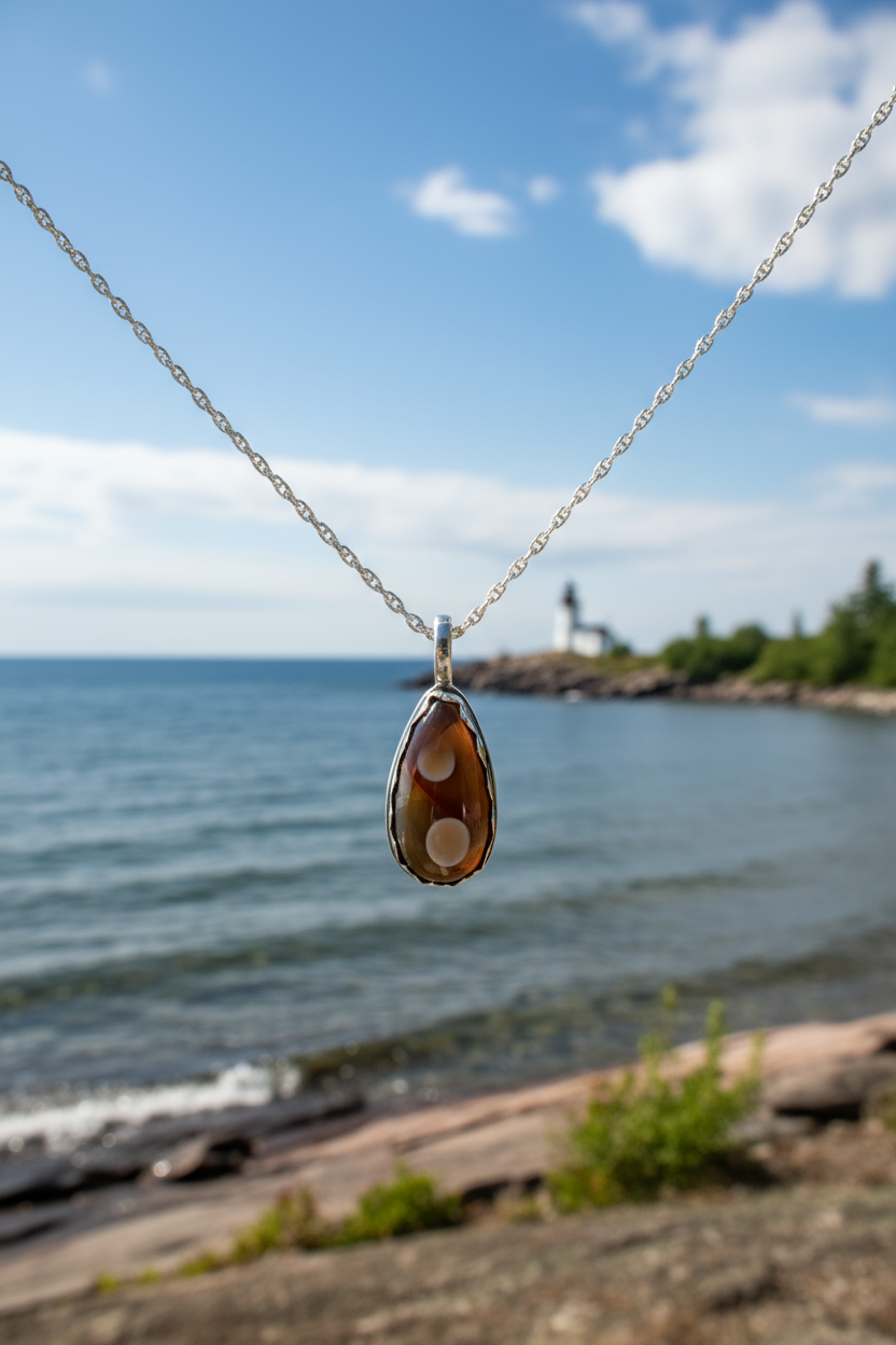 Lake Superior Agate Necklace  in Silver with Beautiful Color, Treat Yourself!