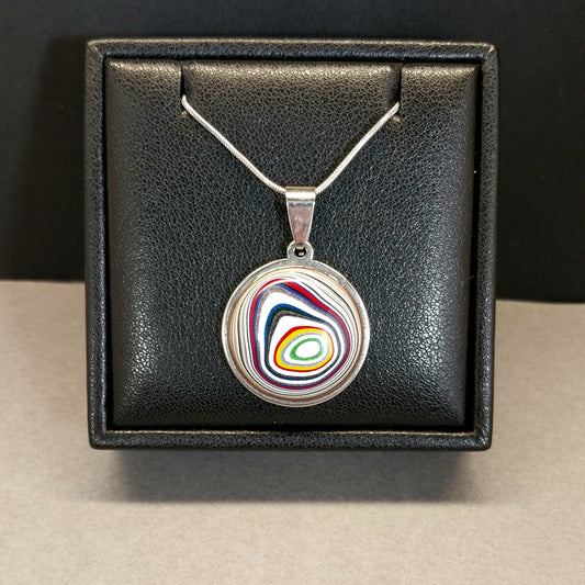 Fordite Necklace Round Stainless Steel Setting and Chain