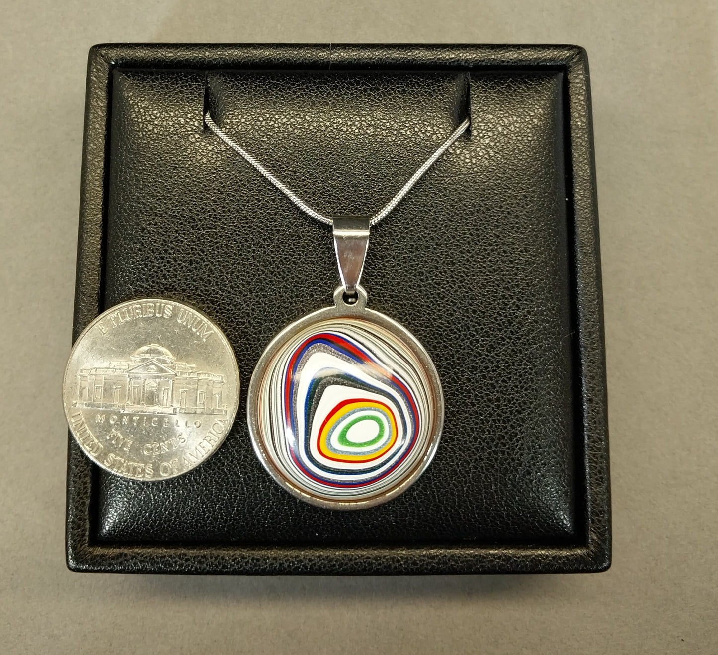 Fordite Necklace Round Stainless Steel Setting and Chain