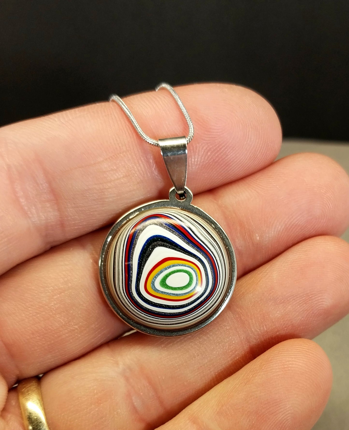Fordite Necklace Round Stainless Steel Setting and Chain