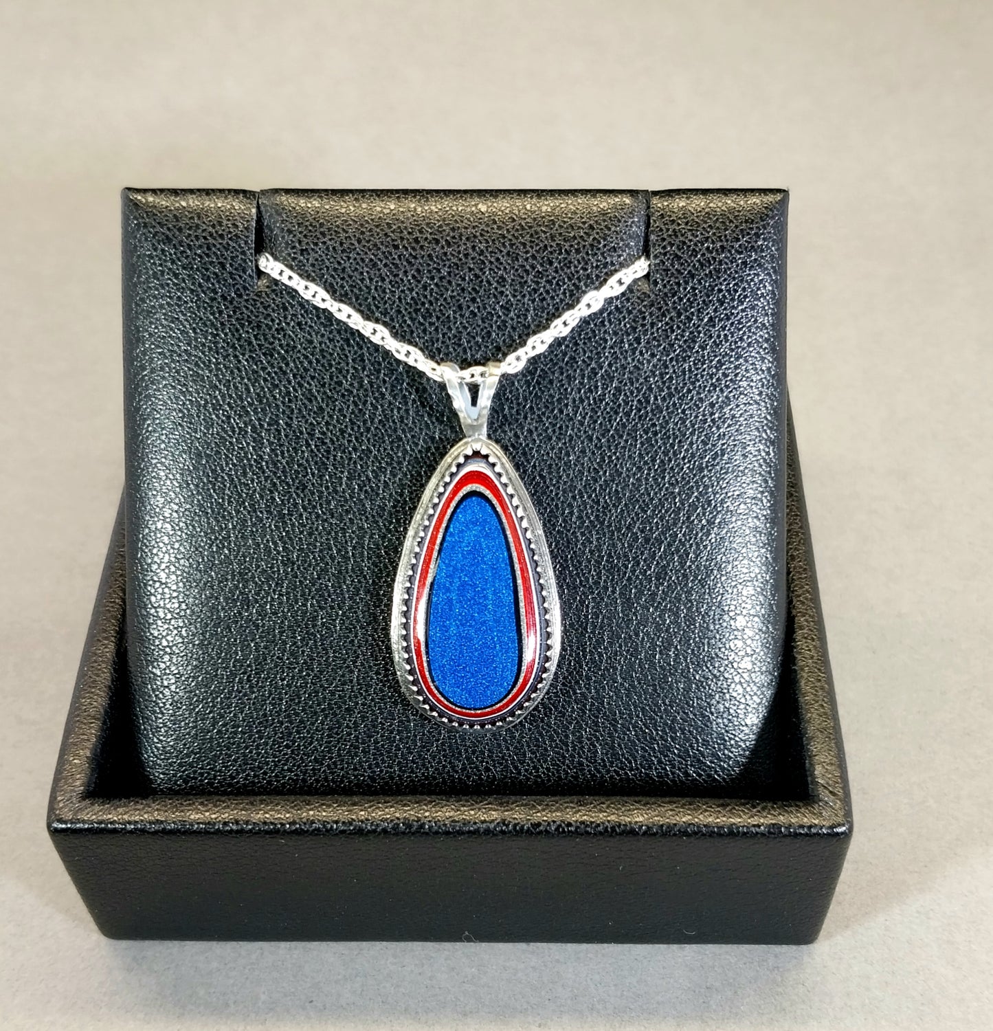 Fordite Necklace Bright Blue with Red and White Sterling Silver