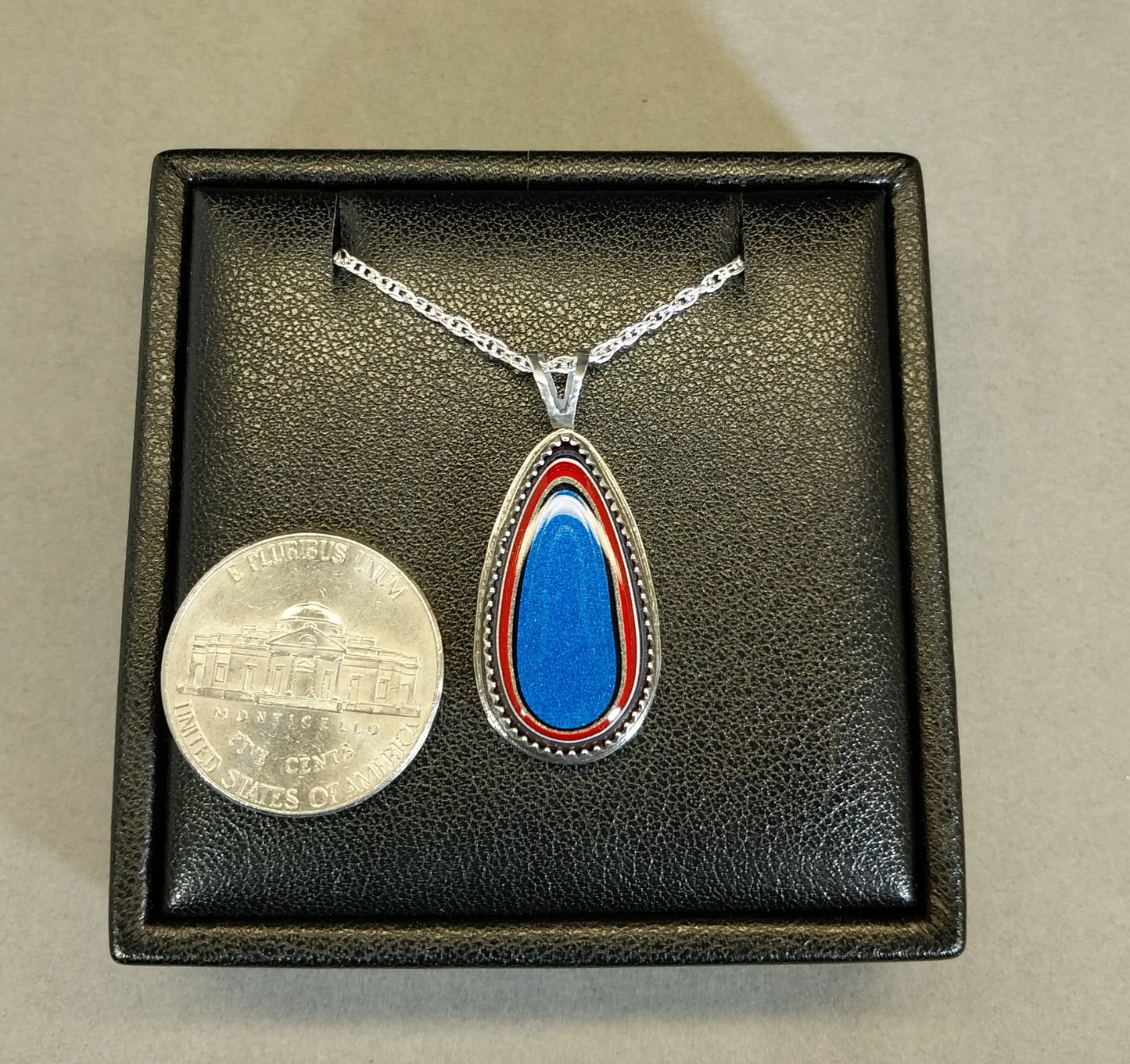 Fordite Necklace Bright Blue with Red and White Sterling Silver