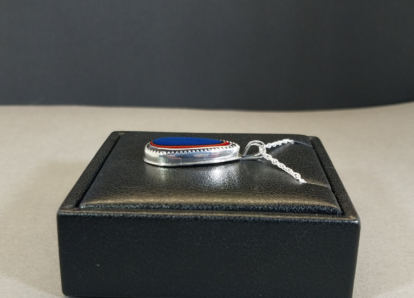 Fordite Necklace Bright Blue with Red and White Sterling Silver