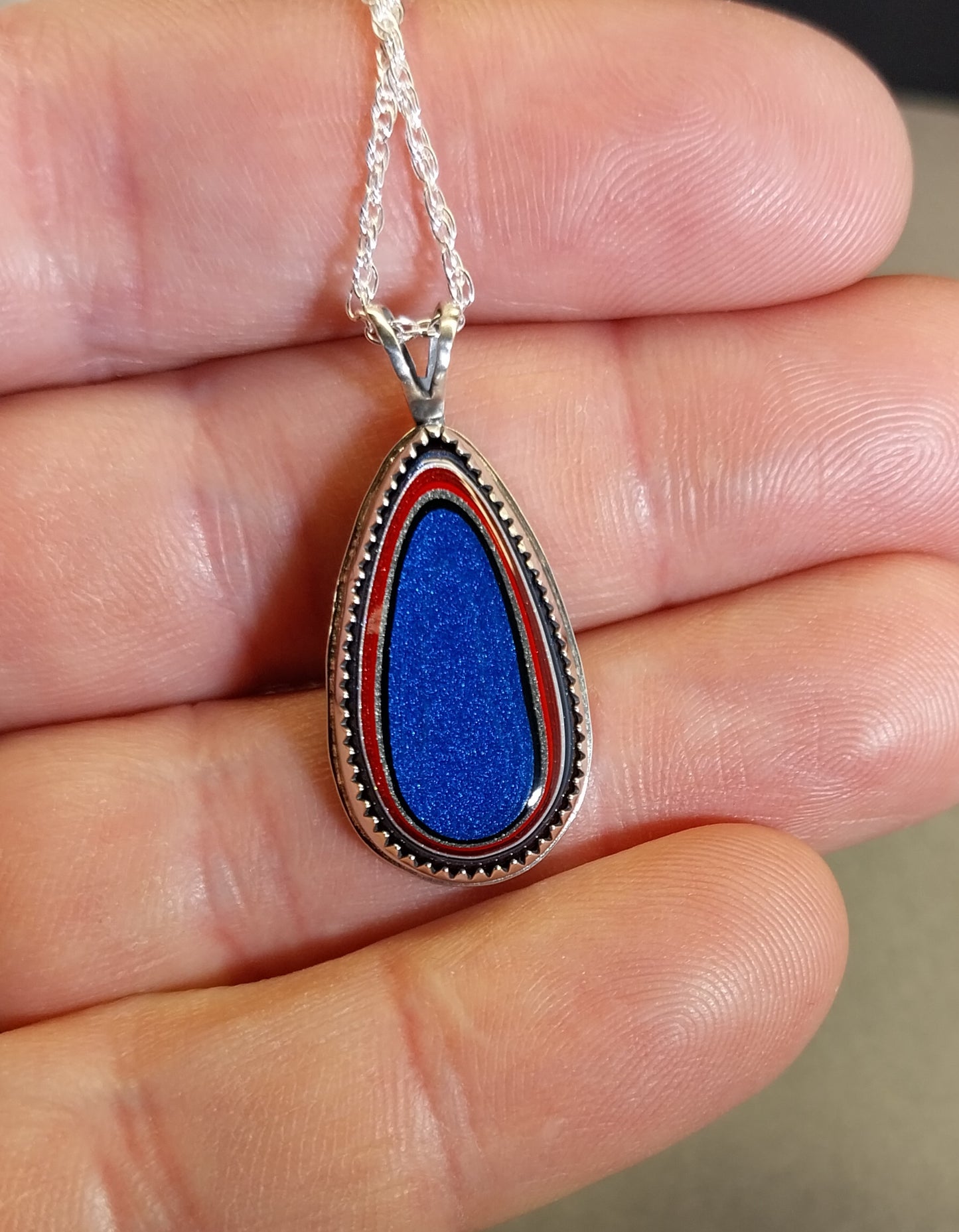 Fordite Necklace Bright Blue with Red and White Sterling Silver