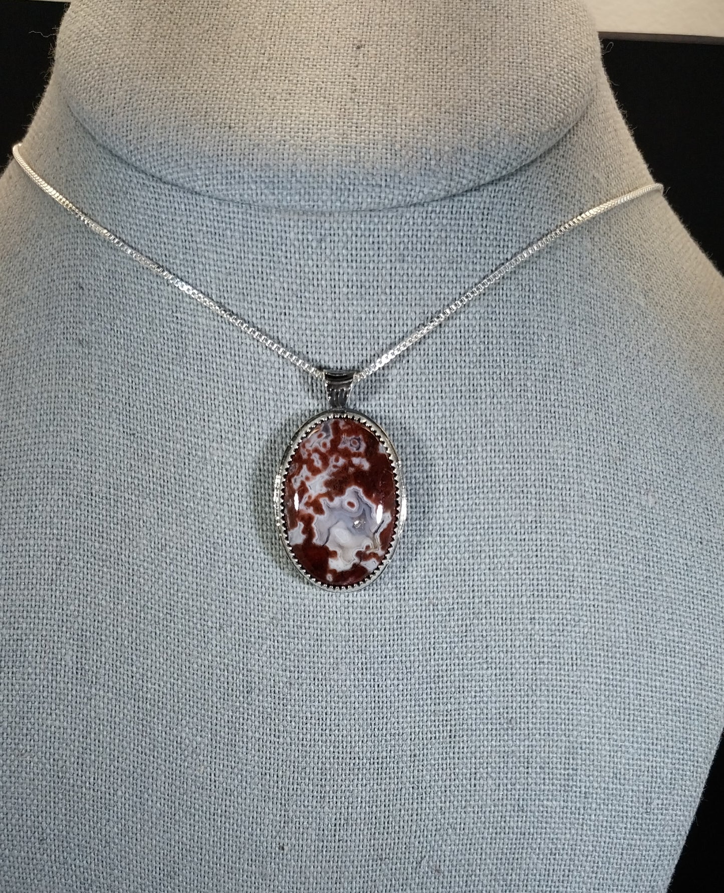 Lake Superior Agate Necklace Red Moss and White Banding in Sterling Silver