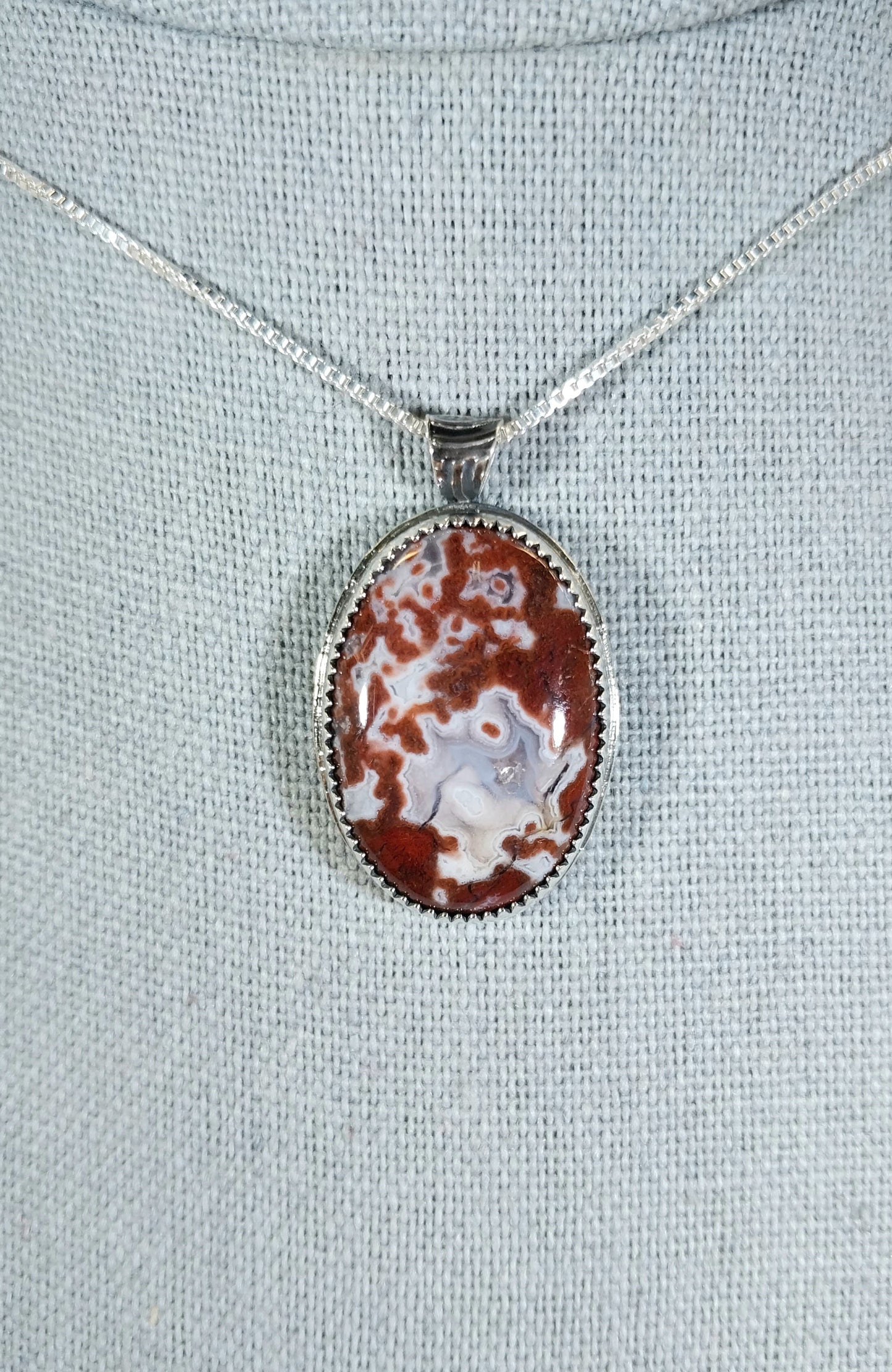 Lake Superior Agate Necklace Red Moss and White Banding in Sterling Silver