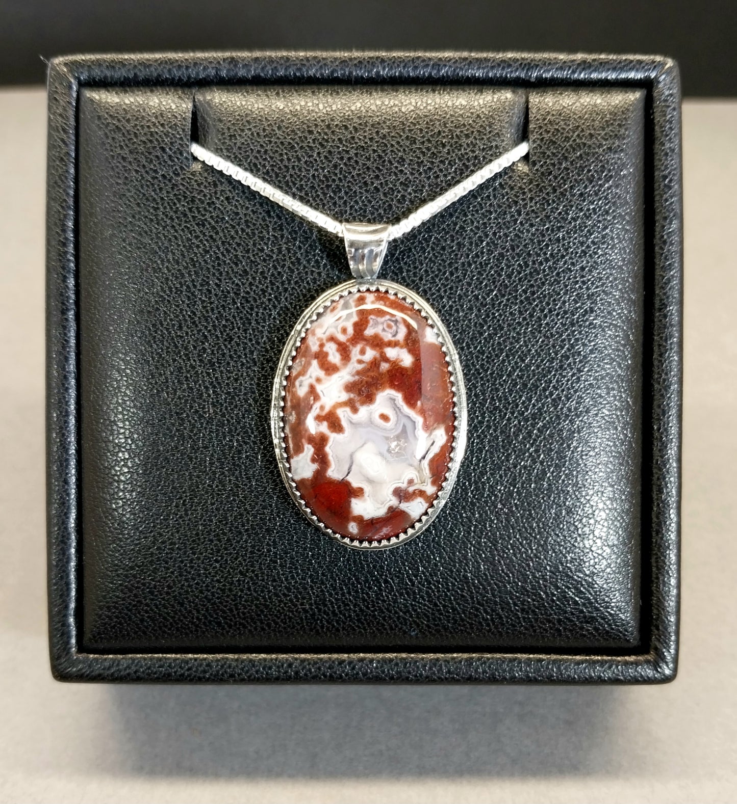 Lake Superior Agate Necklace Red Moss and White Banding in Sterling Silver