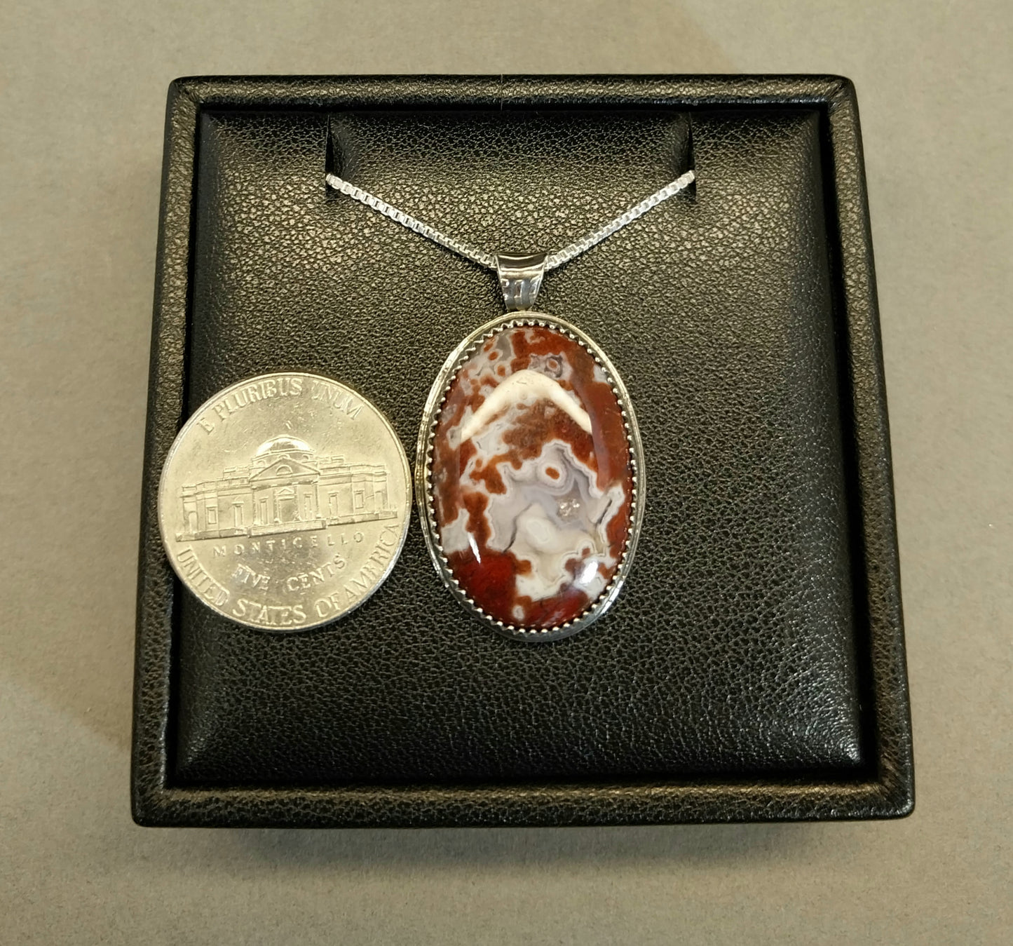 Lake Superior Agate Necklace Red Moss and White Banding in Sterling Silver