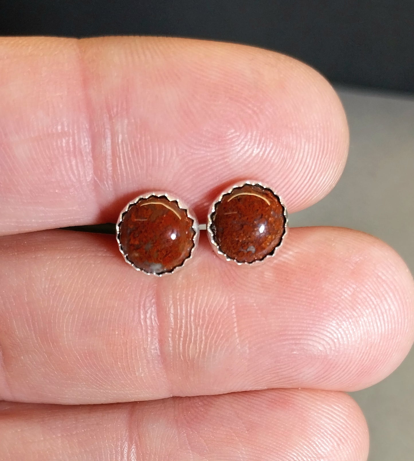 Lake Superior Agate Silver Stud Earrings, Red Moss Agate