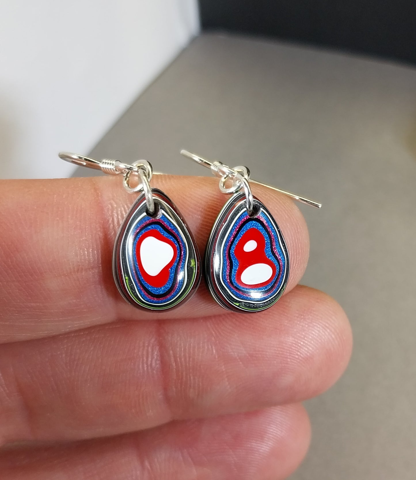 Fordite Earrings, Domed Teardrops with Sterling Silver Ear Wires ET300