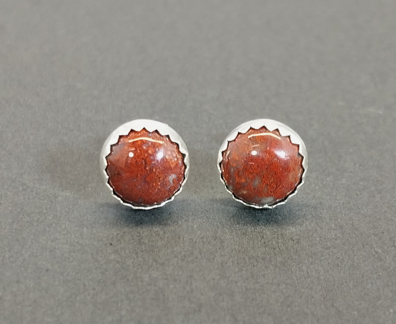 Lake Superior Agate Silver Stud Earrings, Red Moss Agate