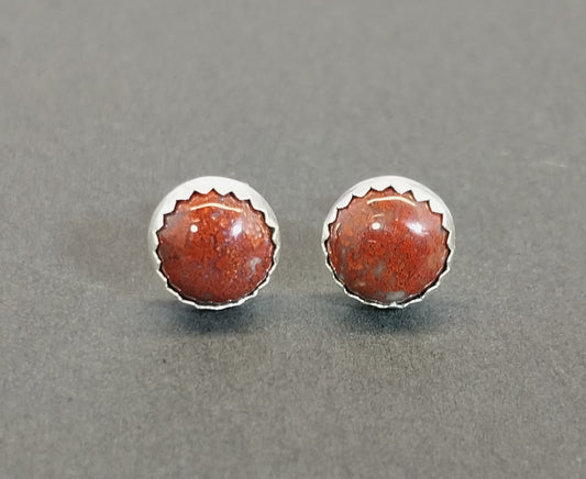 Lake Superior Agate Silver Stud Earrings, Red Moss Agate