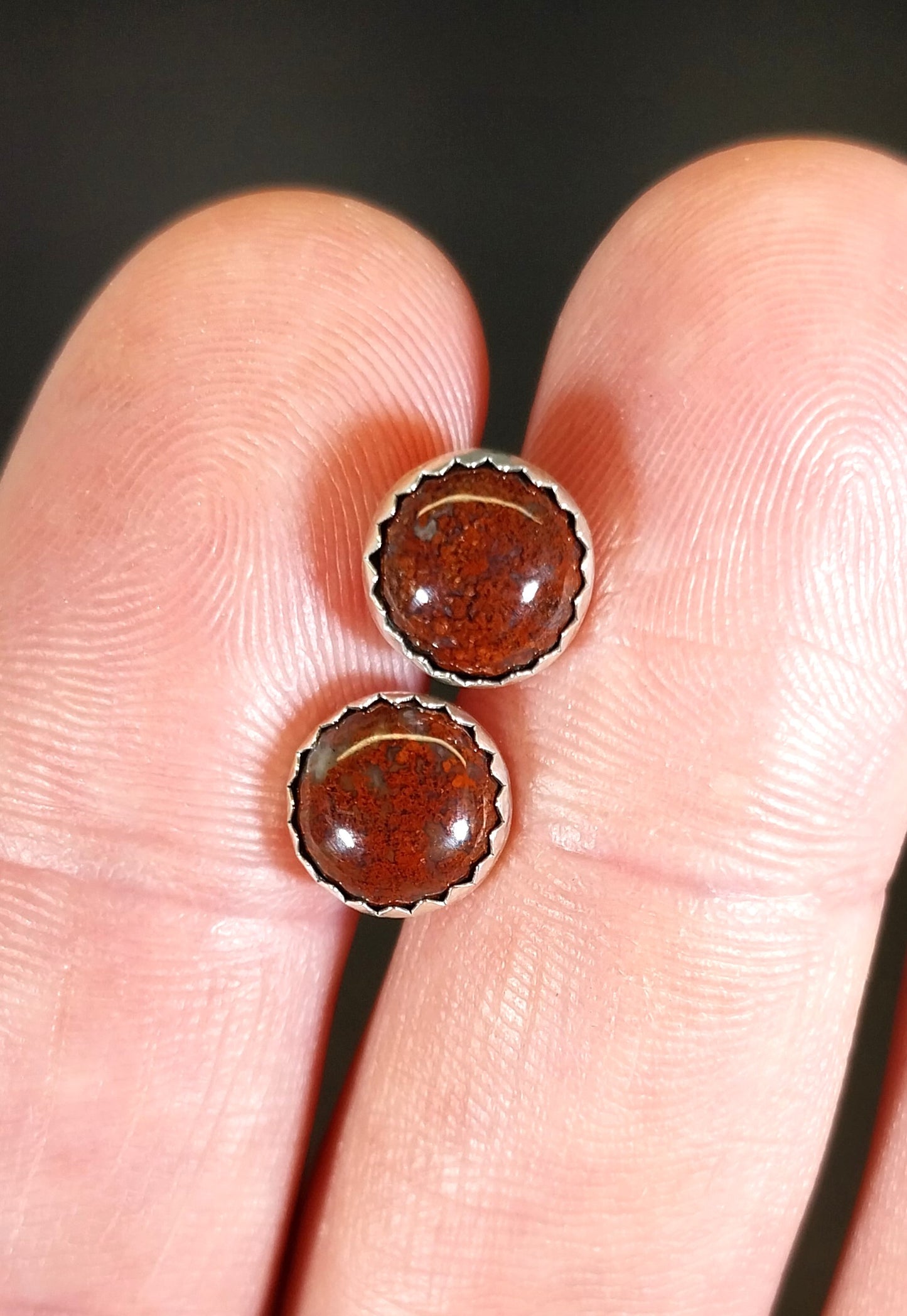 Lake Superior Agate Silver Stud Earrings, Red Moss Agate
