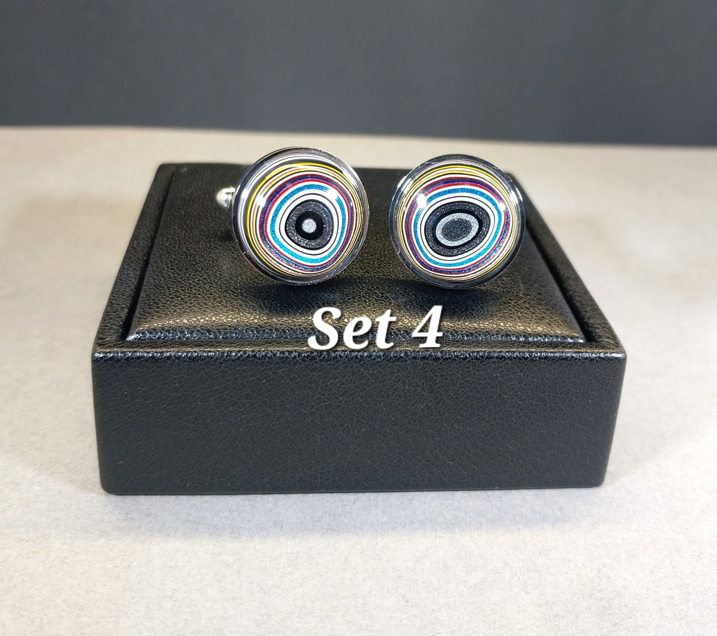 Fordite Cufflinks inks, Gunmetal Mirrored Stainless Steel, Colorful Cuff Links, Recycled Material, Wisconsin Artist