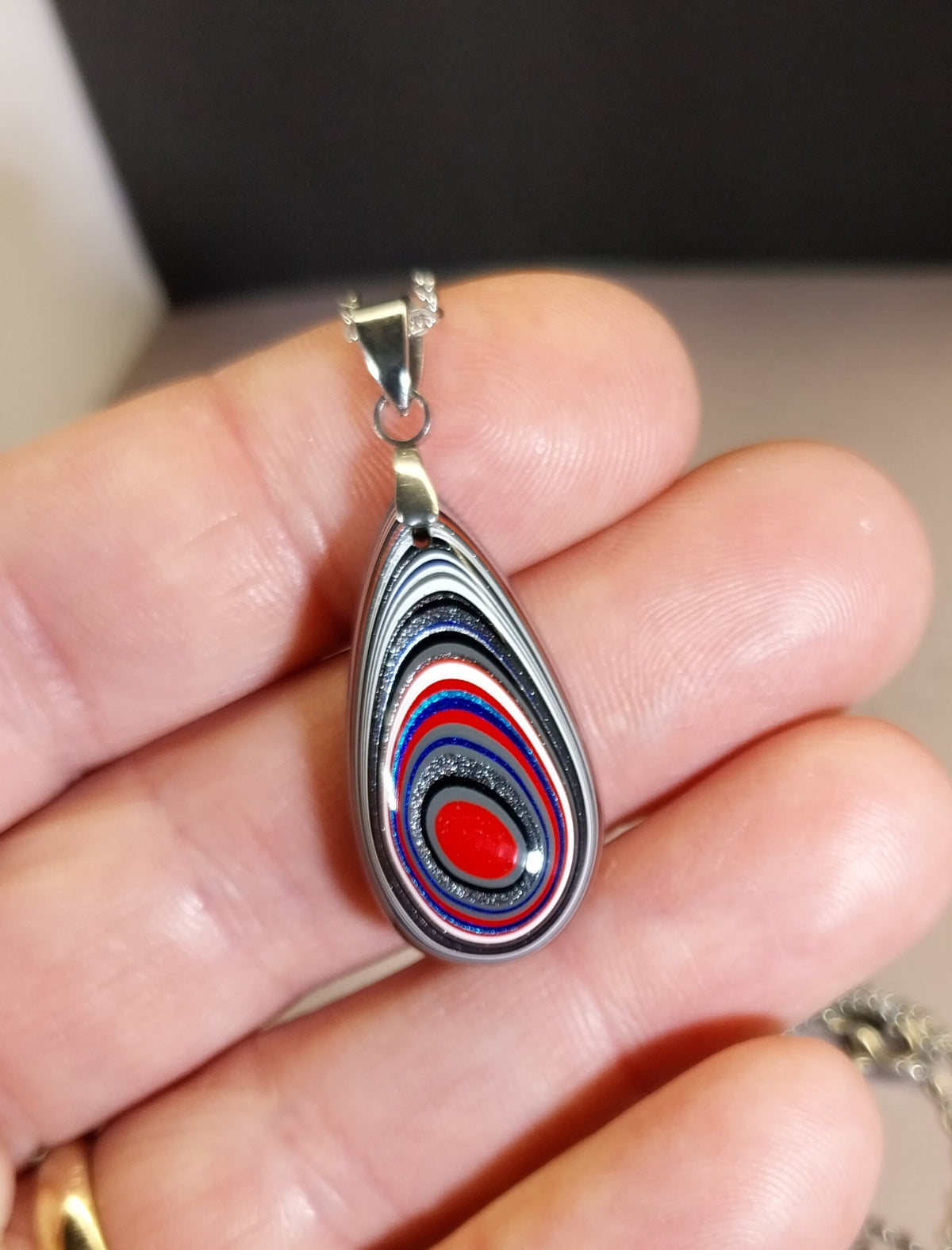 Fordite Necklace, Stainless Steel Chain, USA Handmade, Recycled EB91