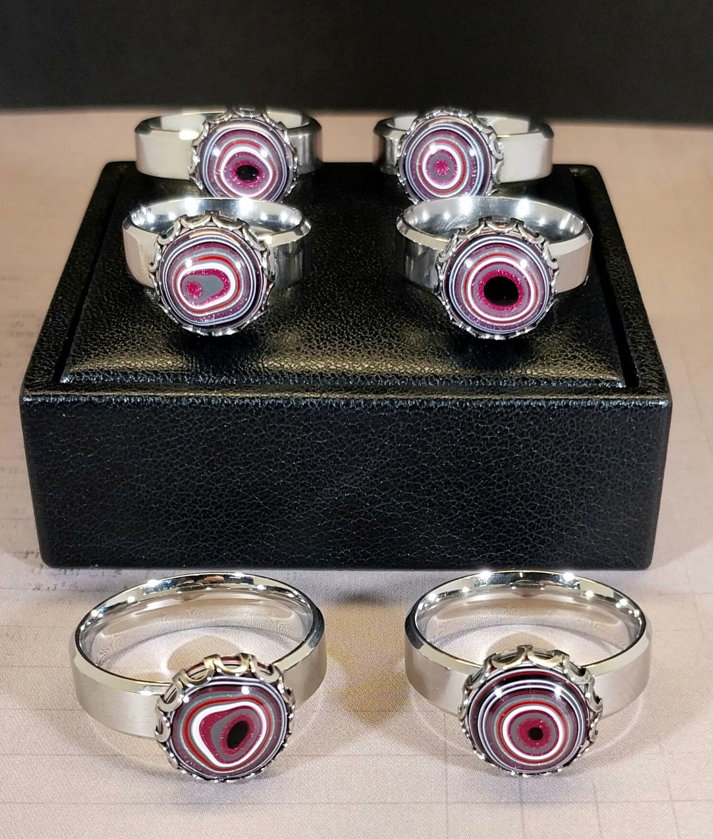 Pink Fordite Rings with Wide Comfort Bands in Stainless Steel ET52