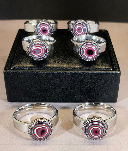Pink Fordite Rings with Wide Comfort Bands in Stainless Steel ET52