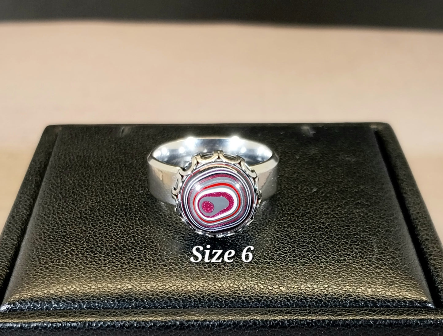 Pink Fordite Rings with Wide Comfort Bands in Stainless Steel ET52