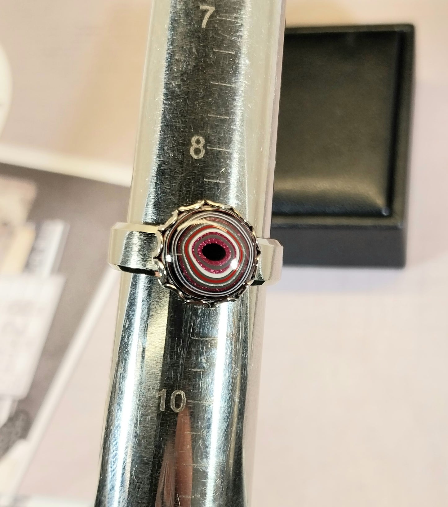 Pink Fordite Rings with Wide Comfort Bands in Stainless Steel ET52