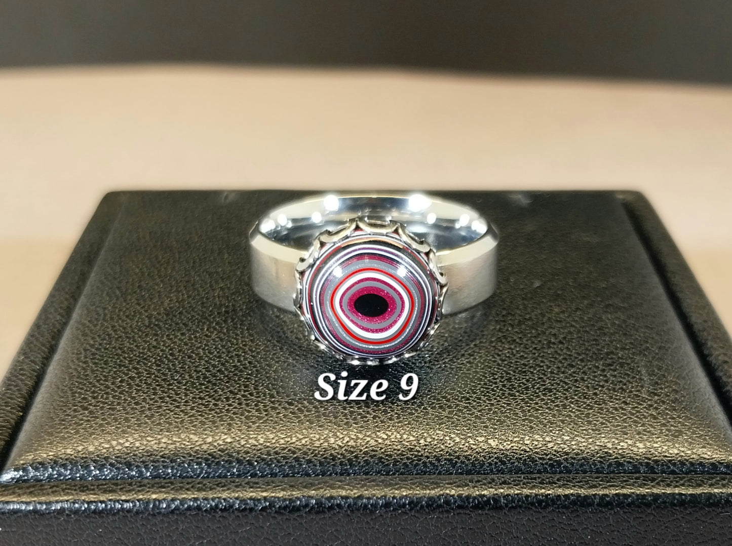 Pink Fordite Rings with Wide Comfort Bands in Stainless Steel ET52
