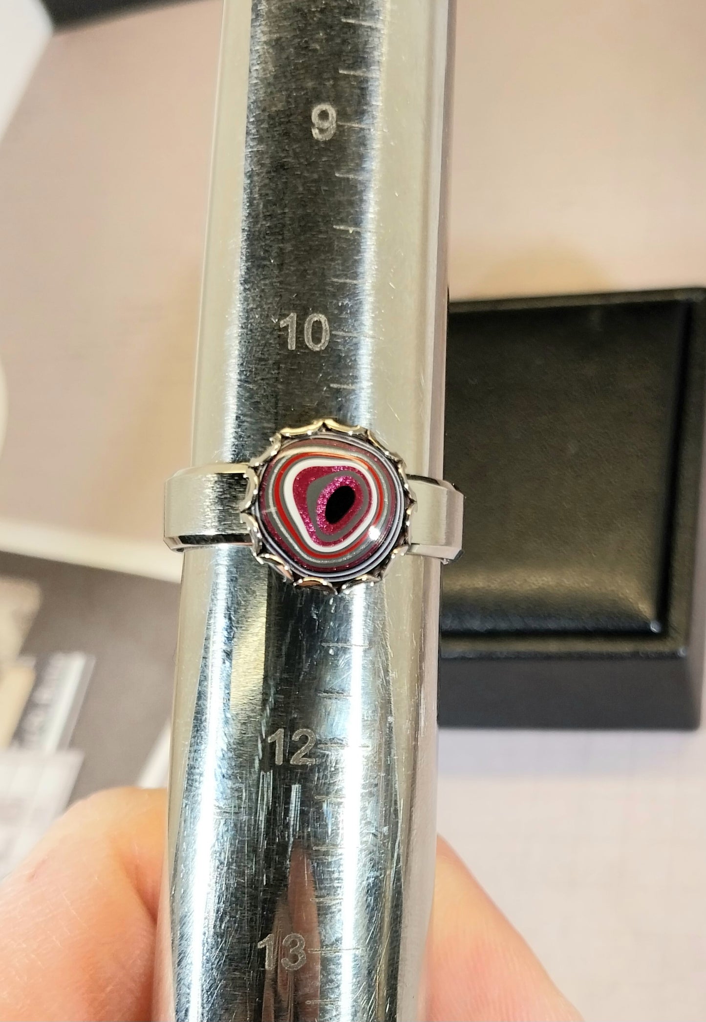 Pink Fordite Rings with Wide Comfort Bands in Stainless Steel ET52