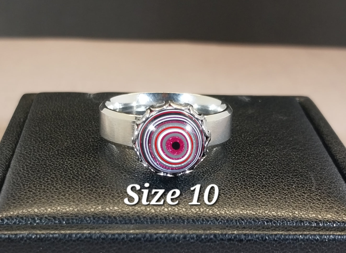 Pink Fordite Rings with Wide Comfort Bands in Stainless Steel ET52