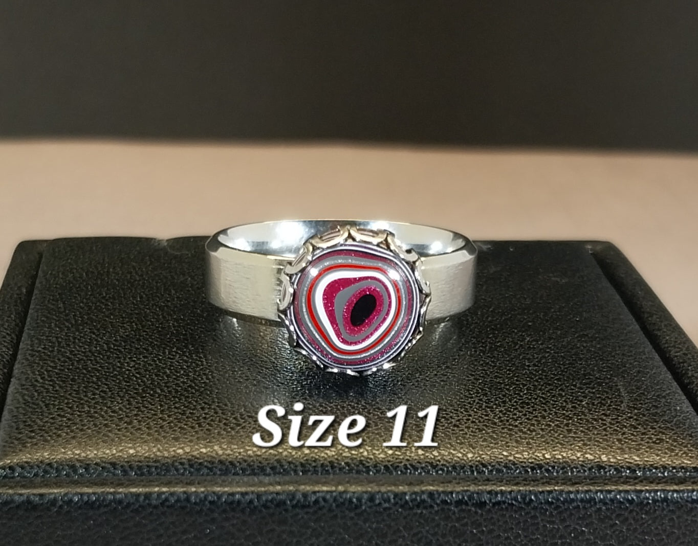 Pink Fordite Rings with Wide Comfort Bands in Stainless Steel ET52