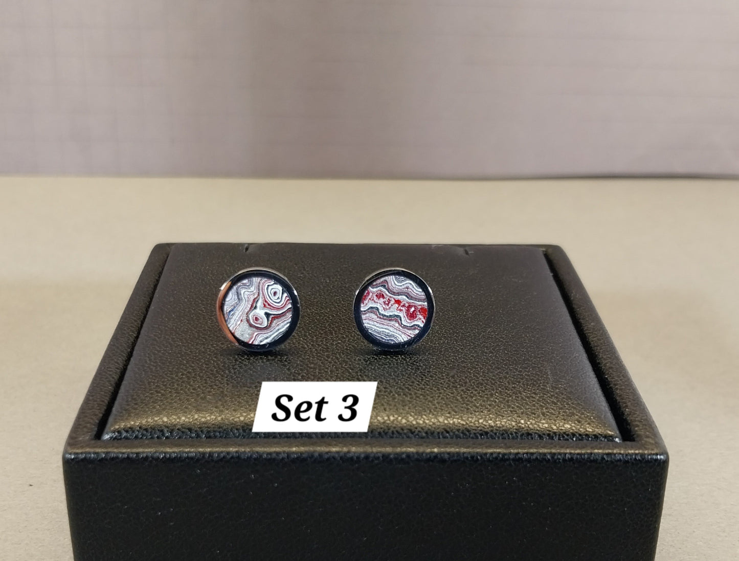 Michigan Fordite Earrings with Flush Set Stones in Stainless Steel