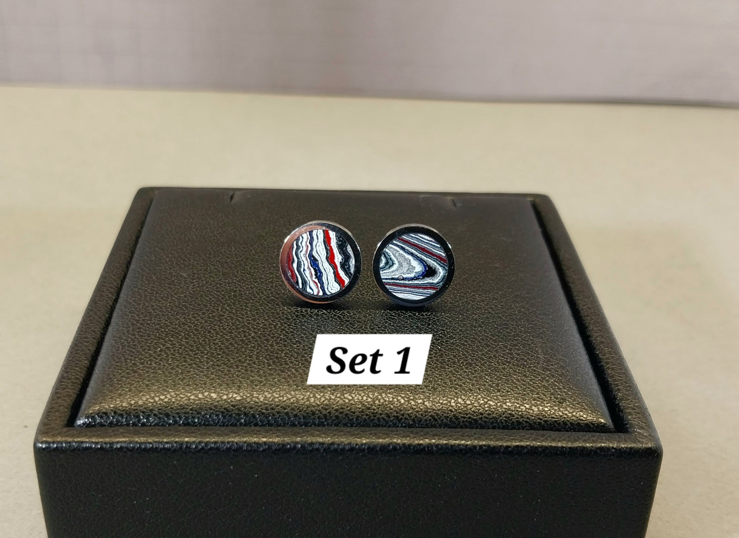 Michigan Fordite Earrings with Flush Set Stones in Stainless Steel