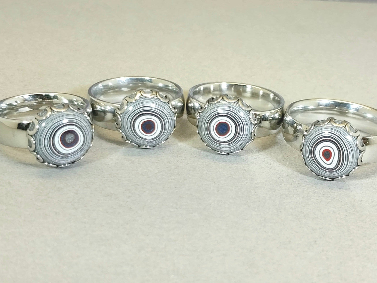 Pink Fordite Rings with Wide Comfort Bands in Stainless Steel, ET346
