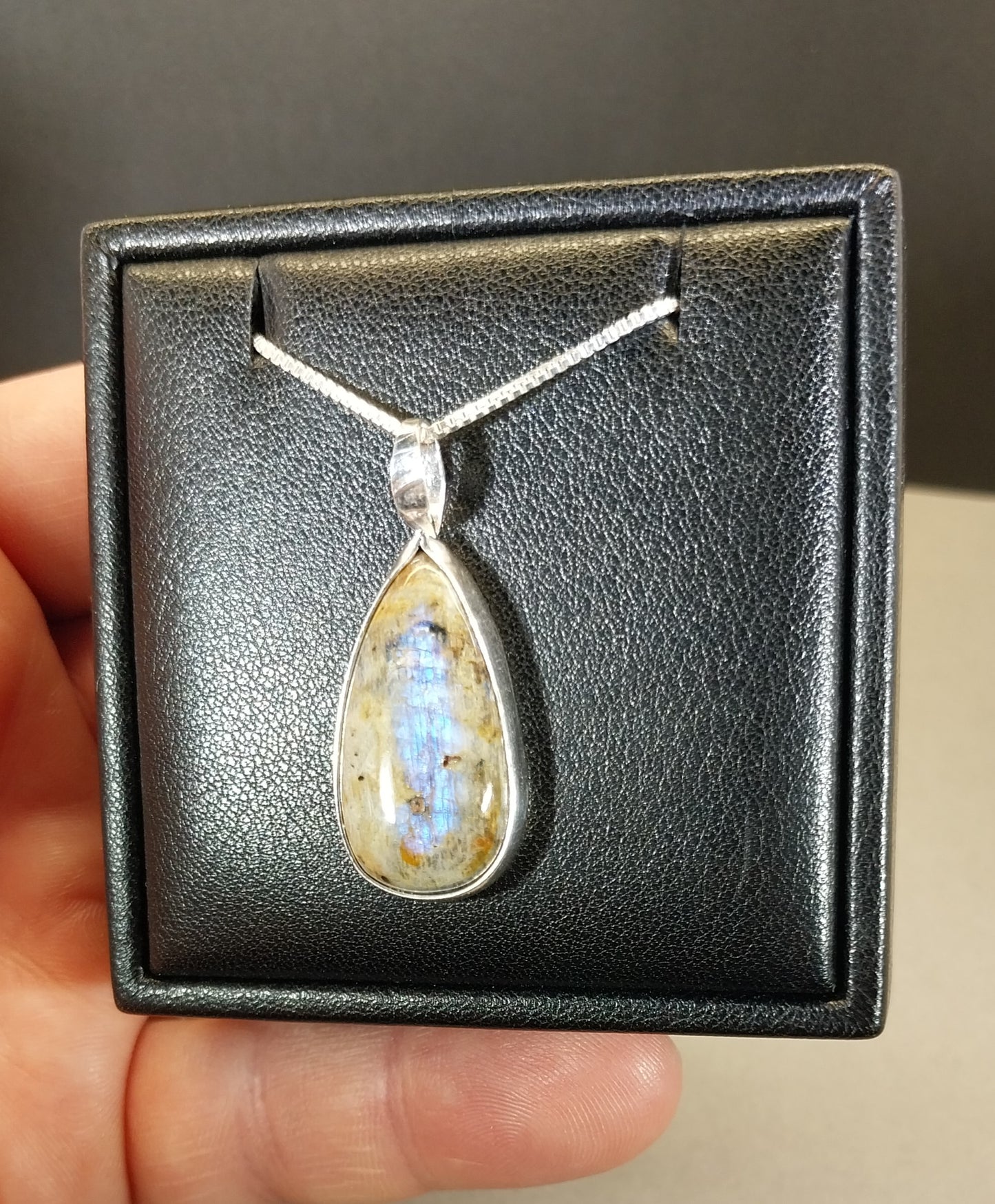 Wisconsin Moonstone Necklace, Sterling Silver, Blue Color Flash