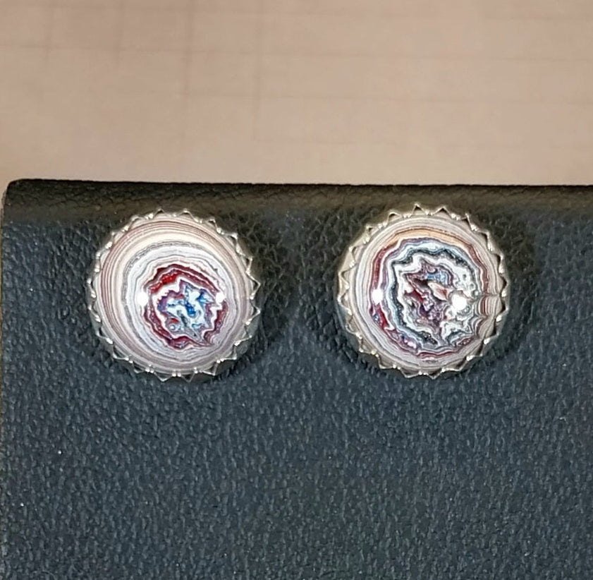 Silver Fordite Stud Earrings with Intricate Patterns