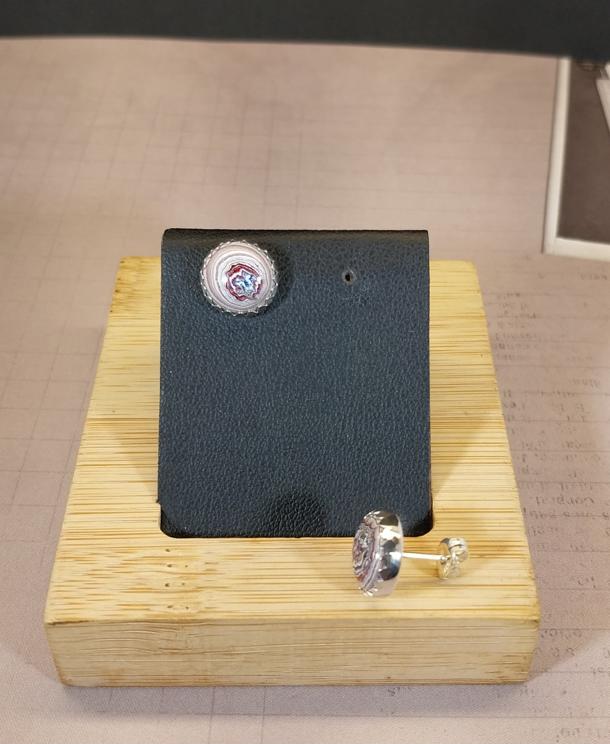 Silver Fordite Stud Earrings with Intricate Patterns