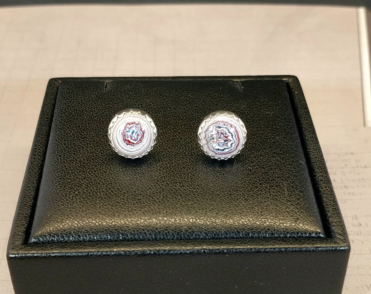 Silver Fordite Stud Earrings with Intricate Patterns