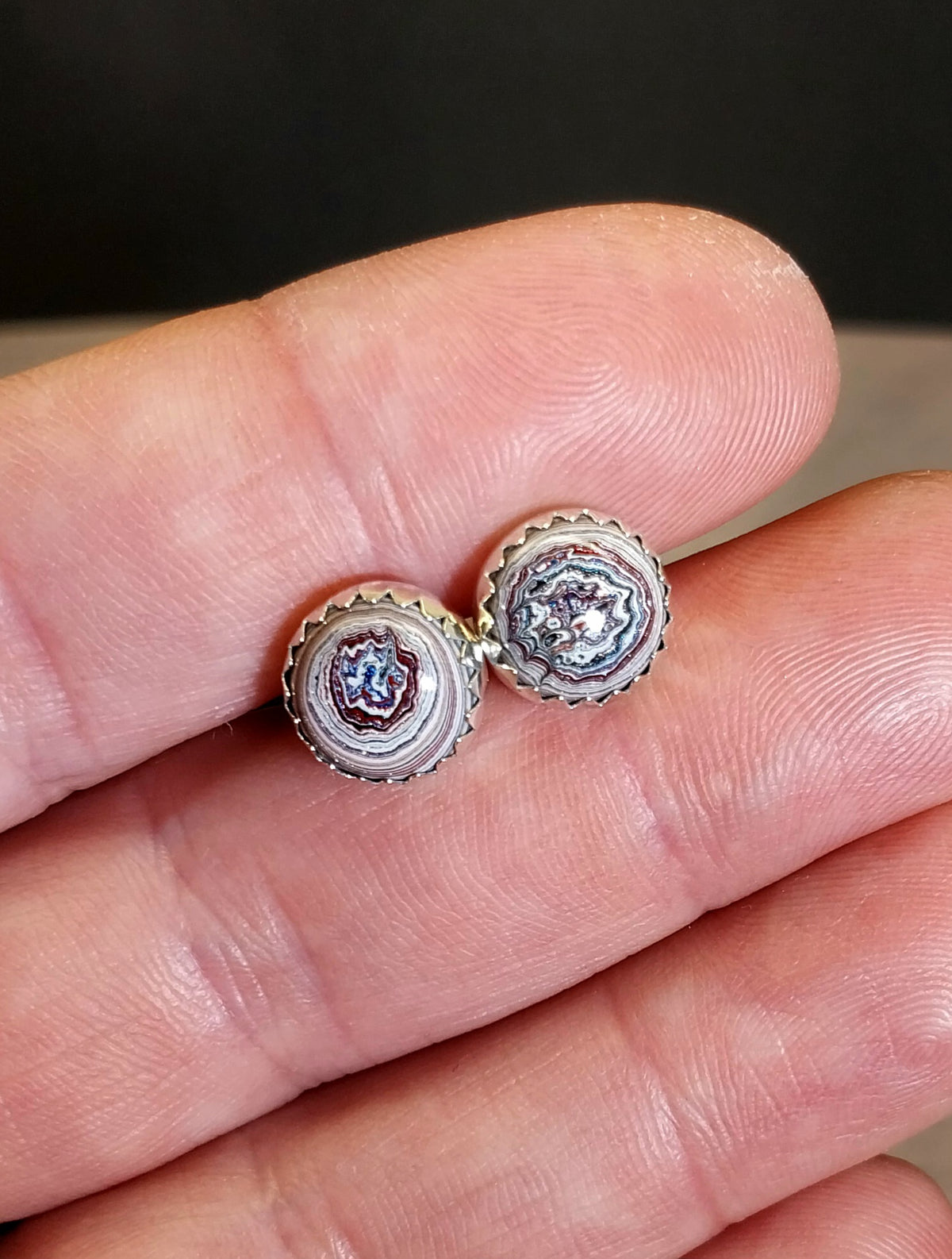 Silver Fordite Stud Earrings with Intricate Patterns