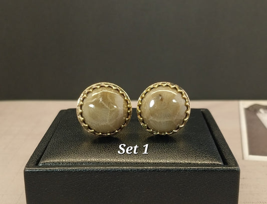 Petoskey Stone Cufflinks Handmade Textured Brass or Stainless Steel Settings