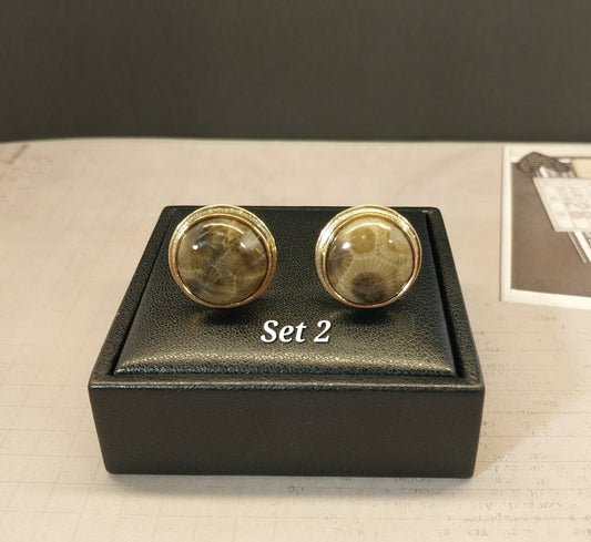 Petoskey Stone Cufflinks Handmade Textured Brass Settings