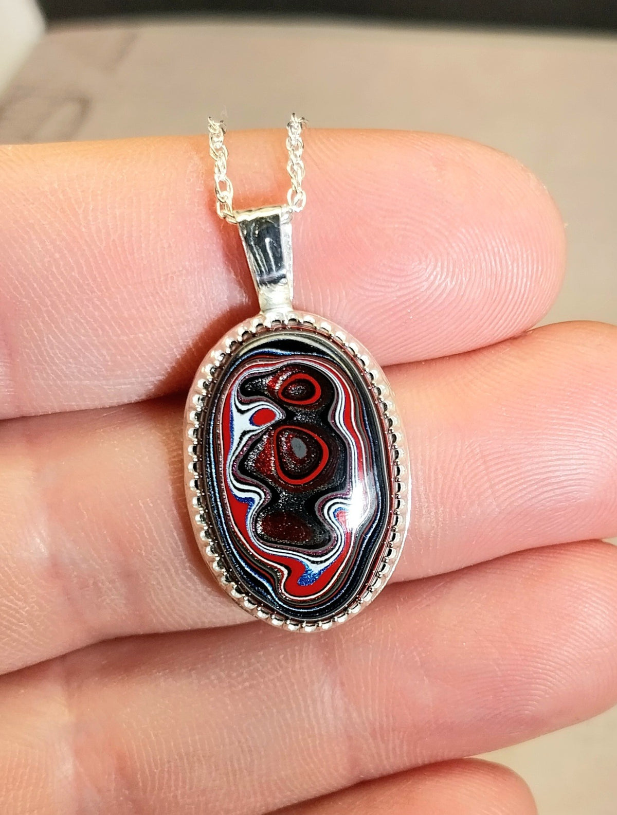 Fordite Sterling Silver Necklace, Bird Pattern