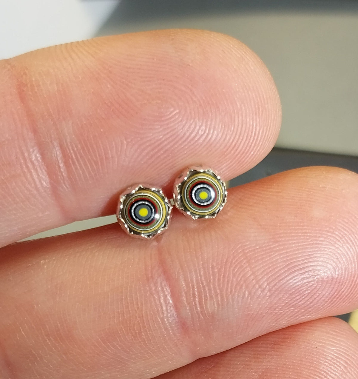 Fordite Earring, Solid Silver, Bright Colors, Fordite Stud Earrings