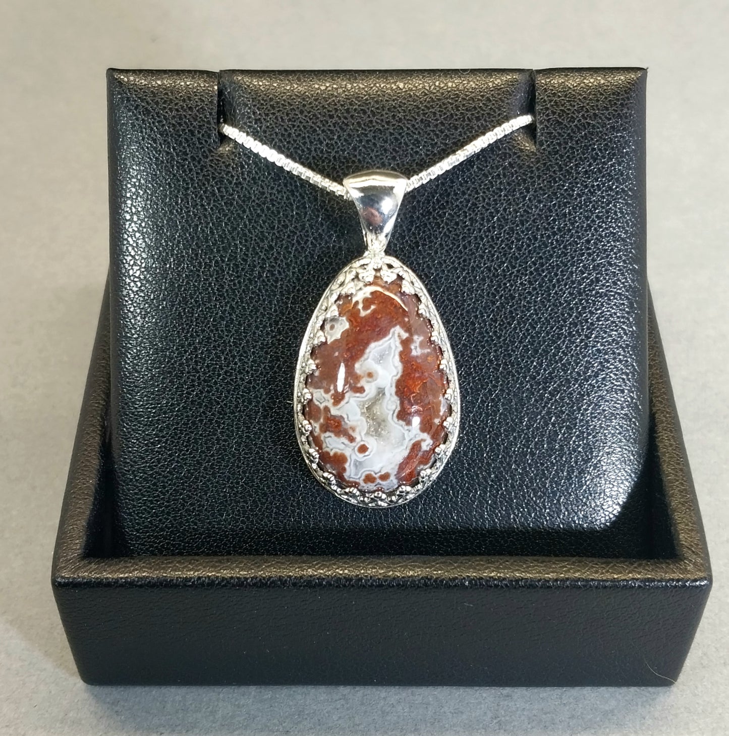 Lake Superior Agate Necklace Red Moss and White Banding in Sterling Silver