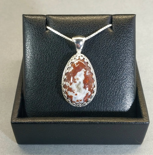 Lake Superior Agate Necklace Red Moss and White Banding in Sterling Silver