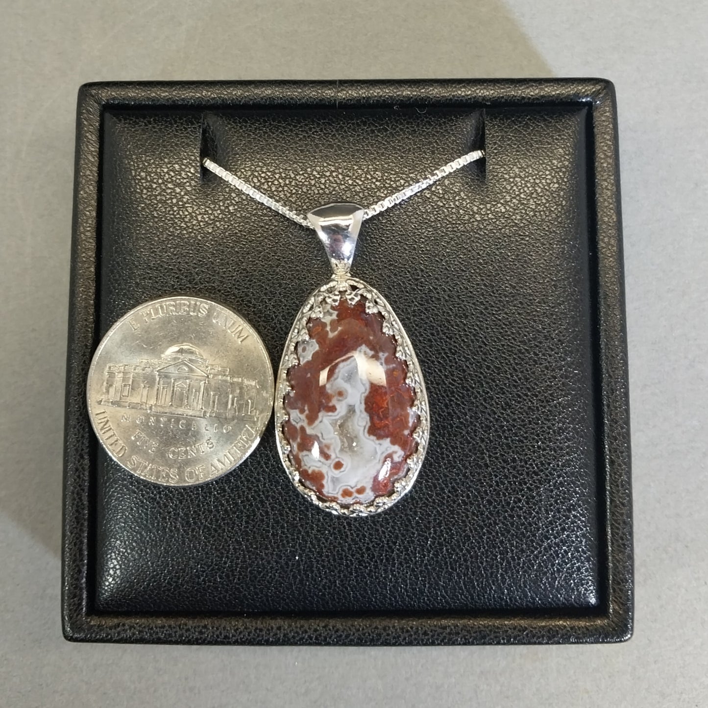 Lake Superior Agate Necklace Red Moss and White Banding in Sterling Silver