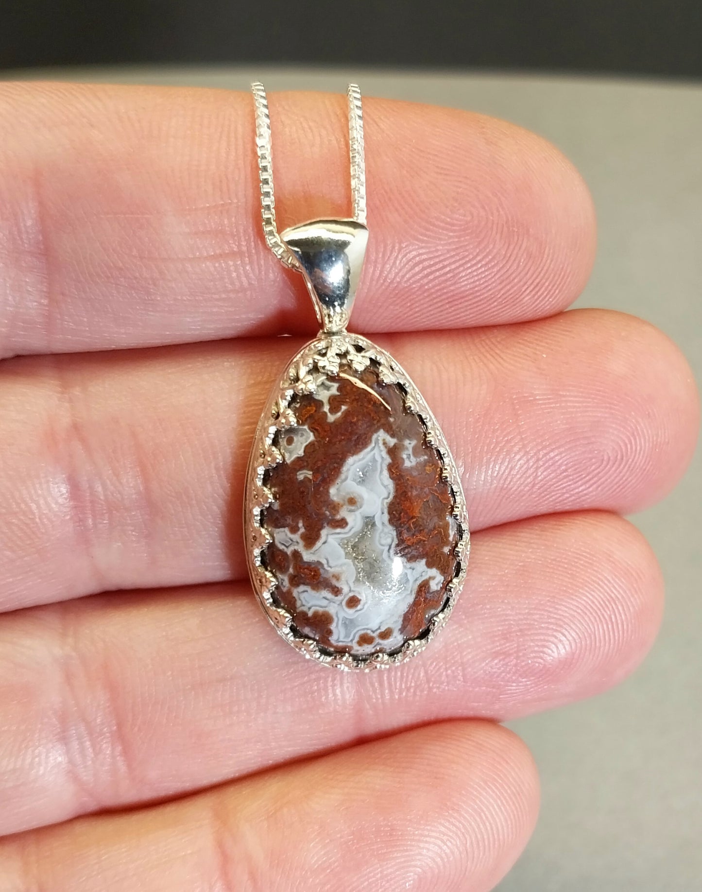 Lake Superior Agate Necklace Red Moss and White Banding in Sterling Silver