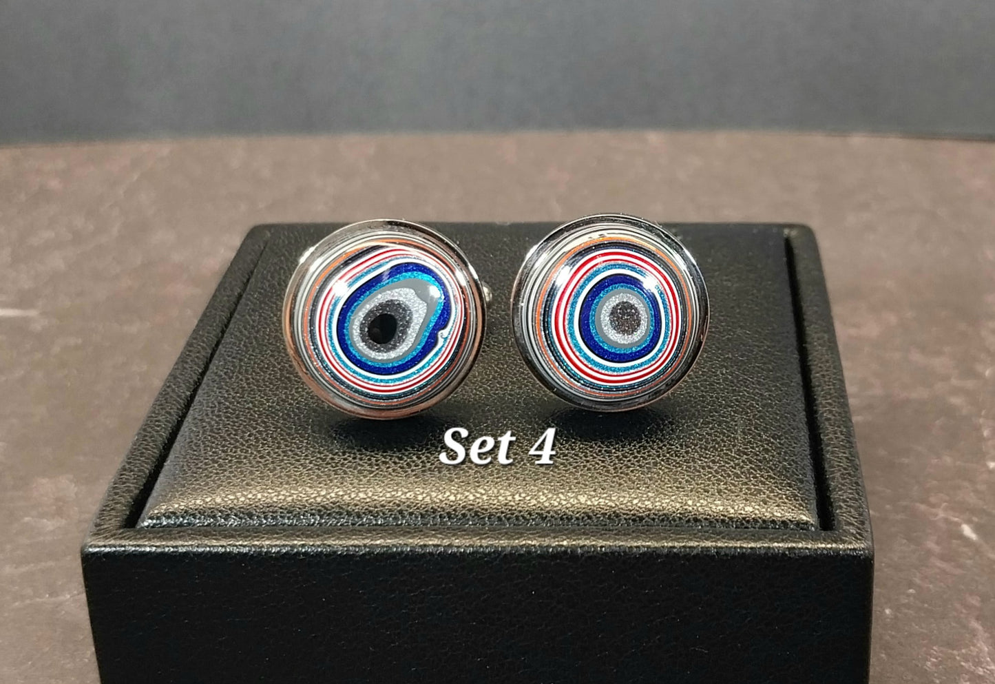 Fordite Cufflinks inks, Gunmetal Mirrored Stainless Steel, Colorful Cuff Links, Recycled Material, Wisconsin Artist
