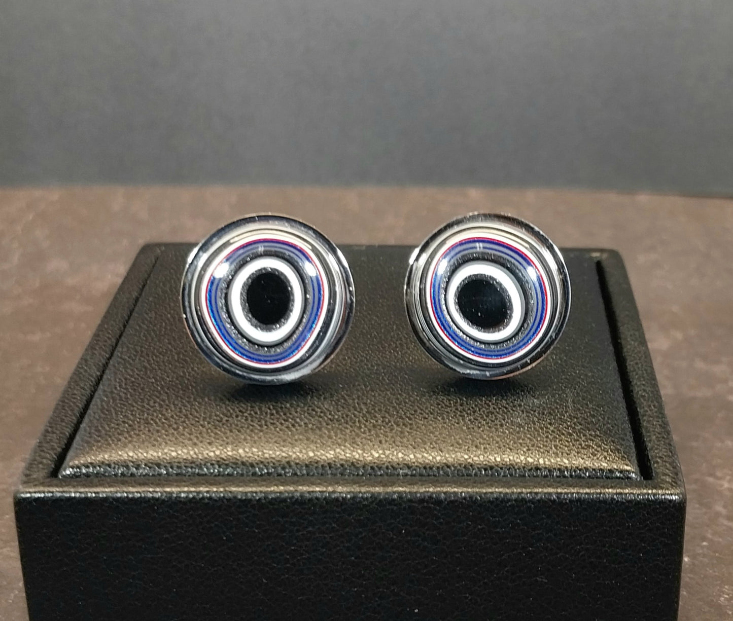 Colorful Fordite Cuff Links in Mirror Stainless Steel, Ohio Motor Agate