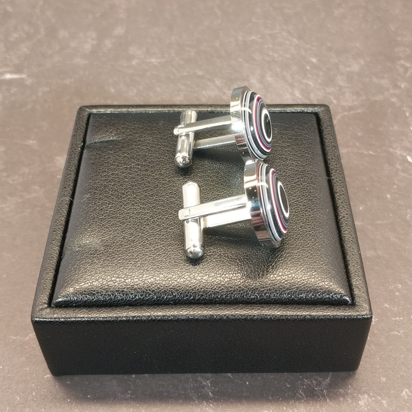 Colorful Fordite Cuff Links in Mirror Stainless Steel, Ohio Motor Agate