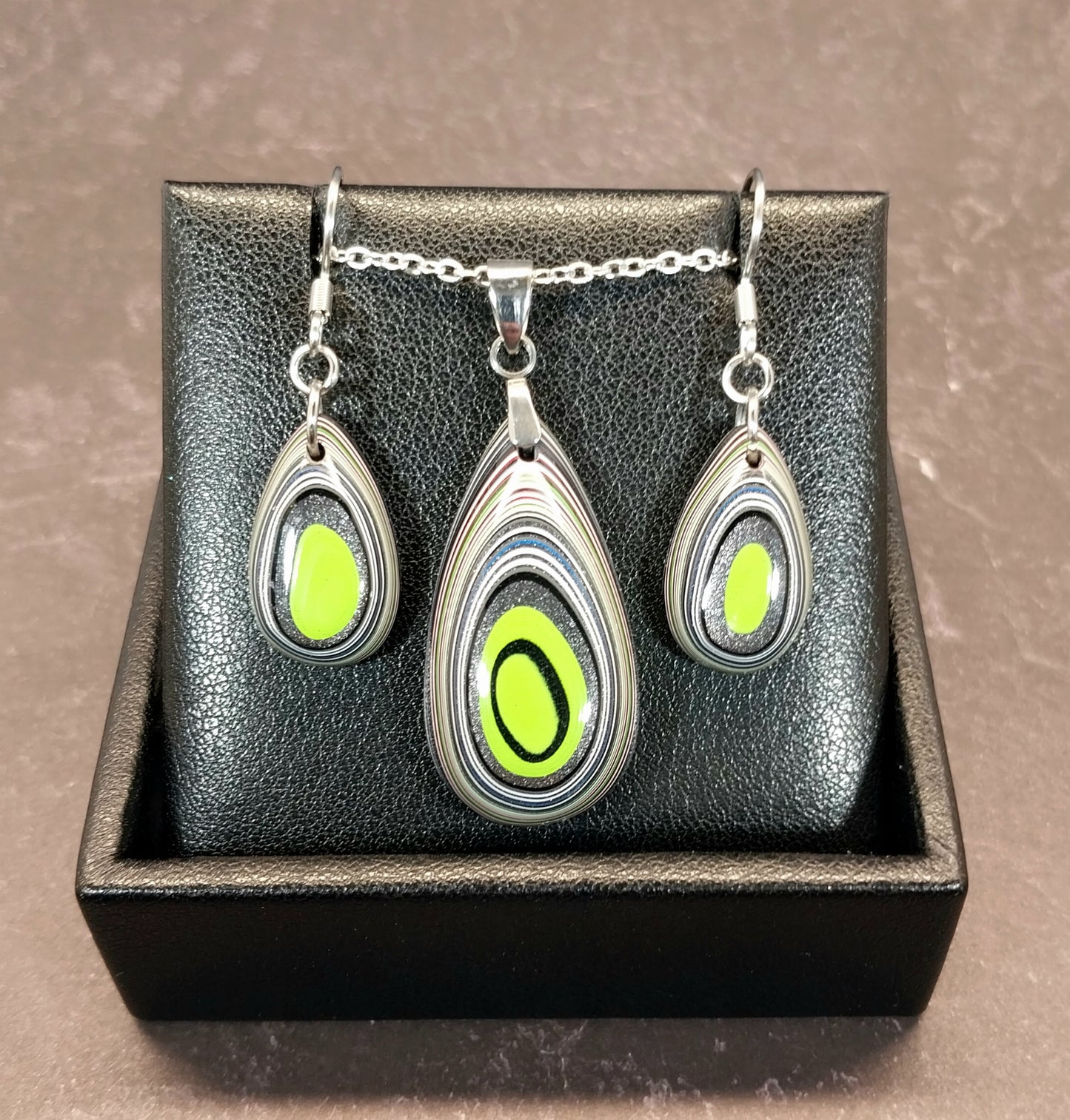 Fordite Set, Stainless Steel, Fordite Necklace and Earrings